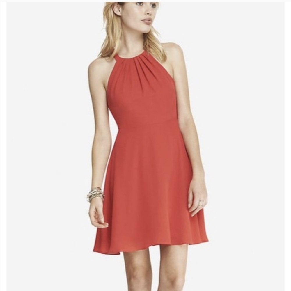 Express Fit and Flare Red/Orange Halter Dress Keyhole - Picture 1 of 12